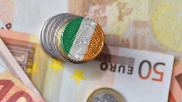 Euros, coins and notes with Irish Flag