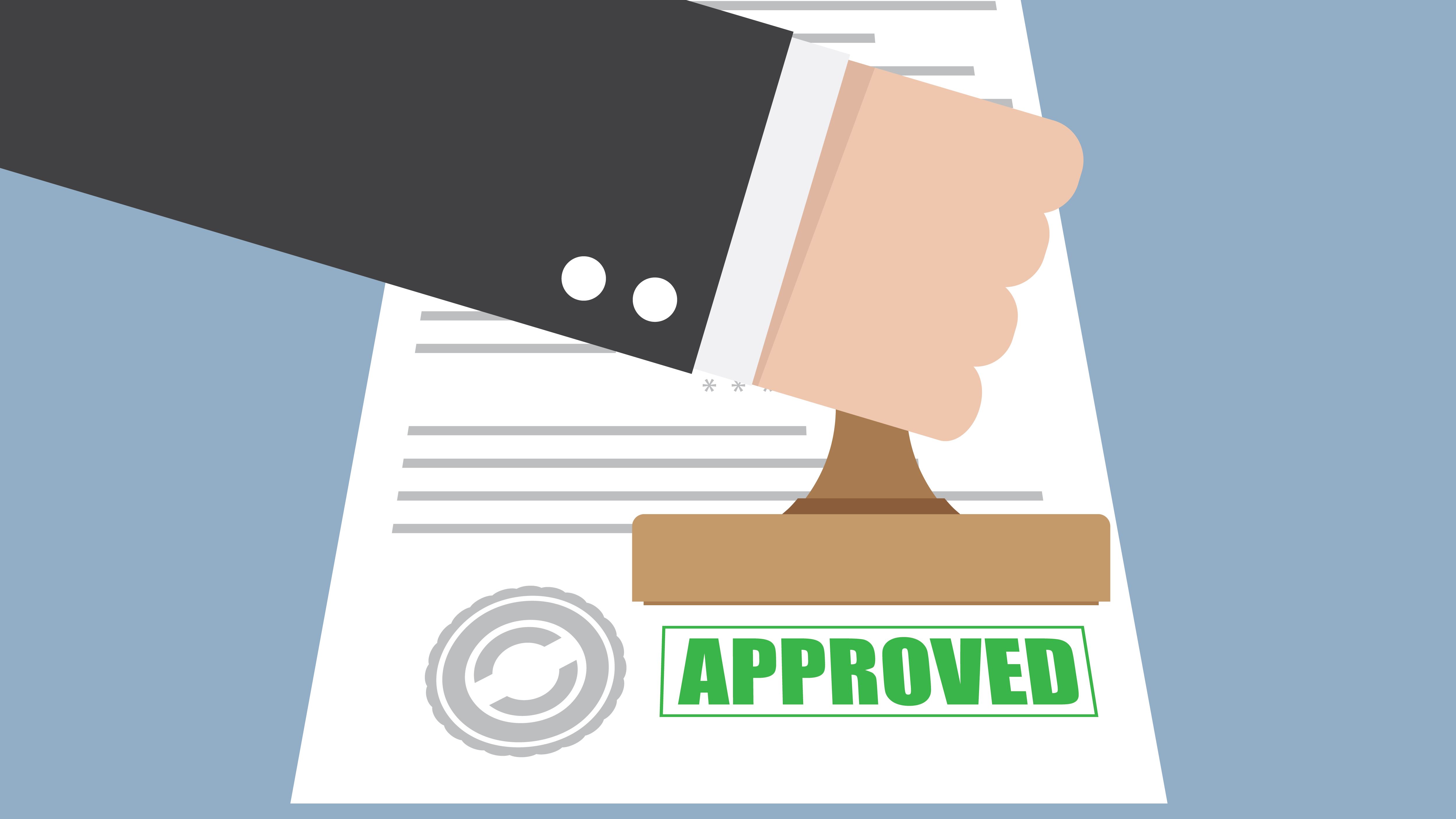 Animated image of a person stamping a document with the word approved