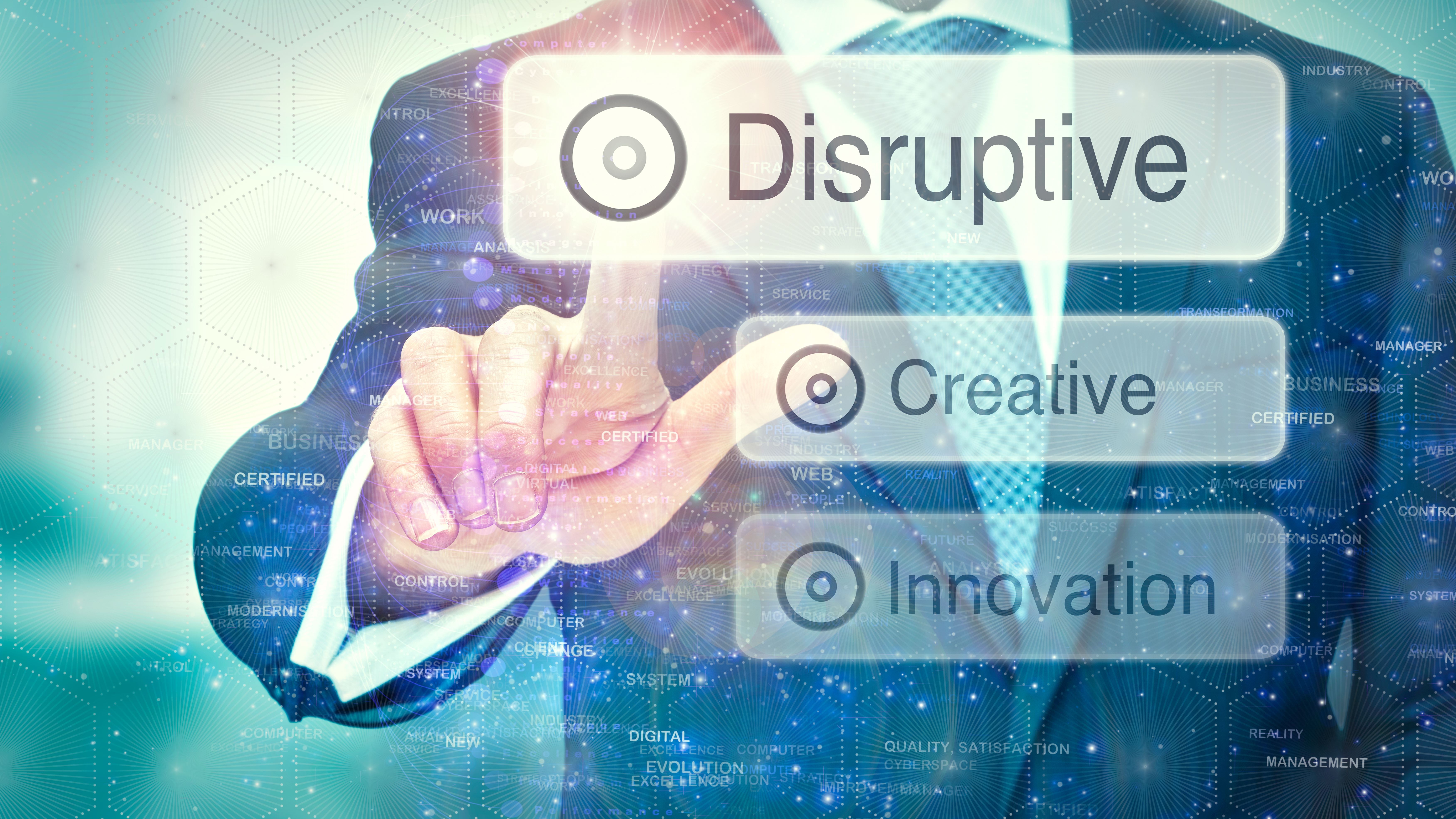 Businessman Pressing a button on screen saying disruptive