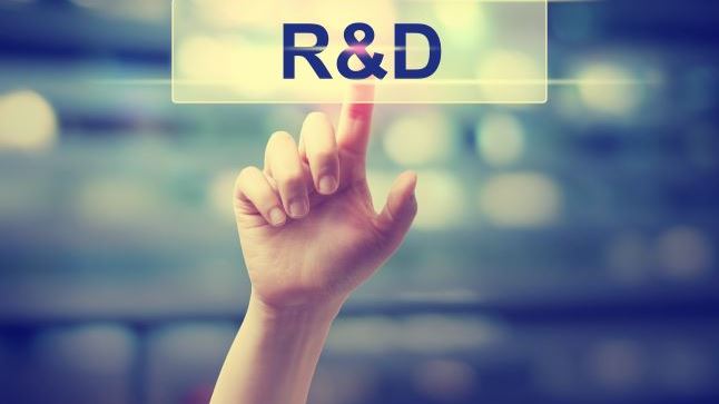 Letters R&D in the form of a button with someone click on it