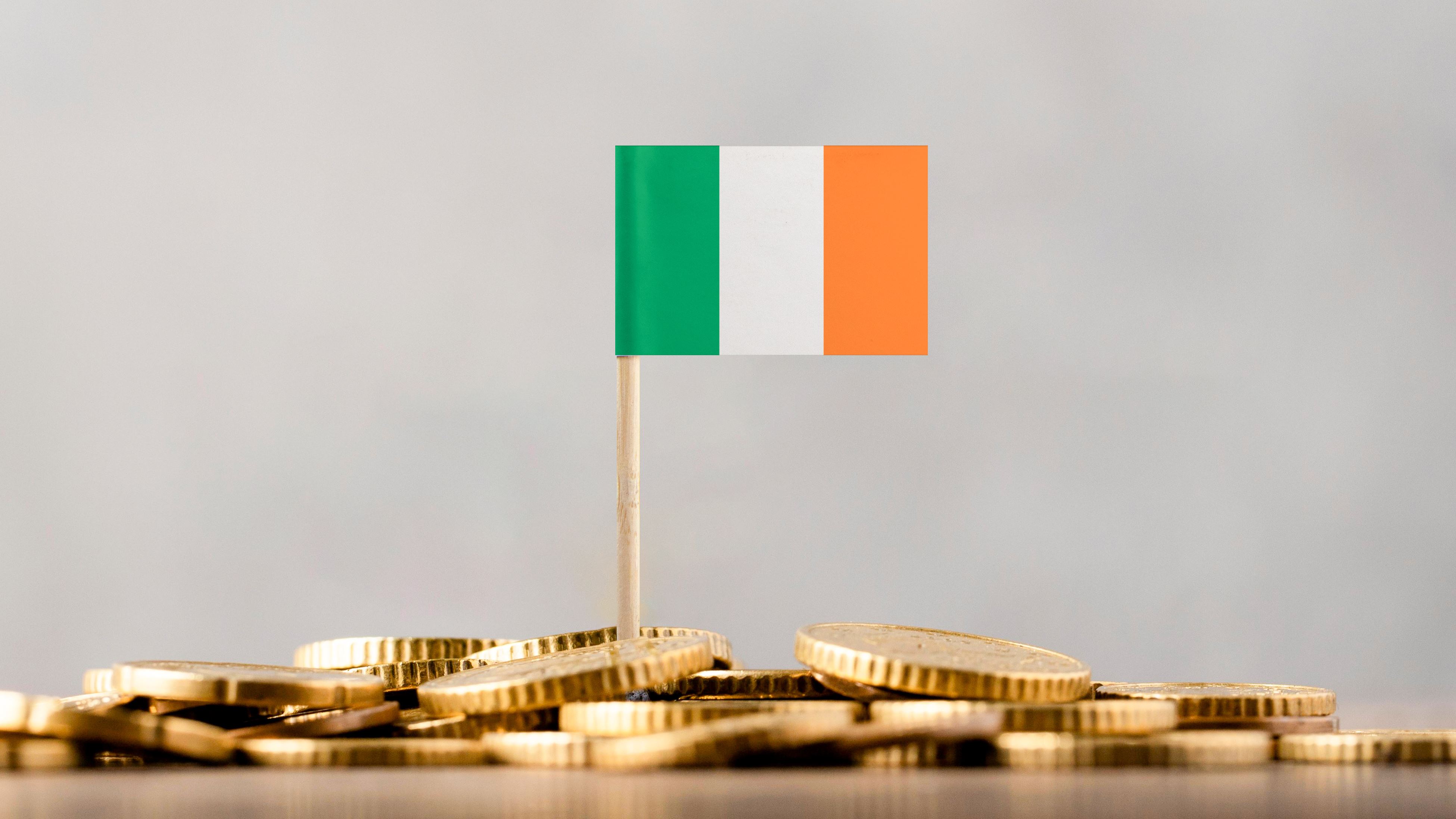 Irish flag stuck in pile of coins
