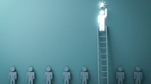 Stick Men in a row, one up a ladder lit up