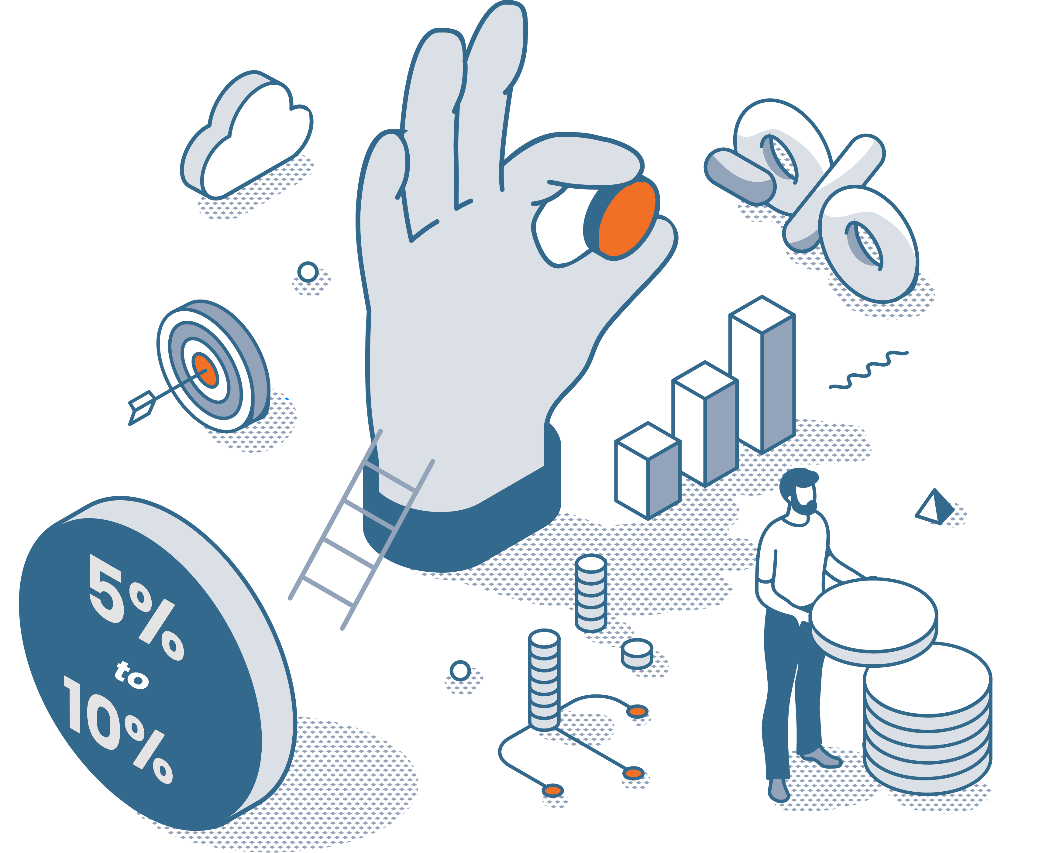 Large hand holding coin with graphs, percentages, target, and man stacking coins, symbolising growth and financial planning